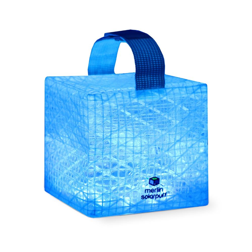SolarPuff™-LS solar lantern in blue light, one of six color settings.