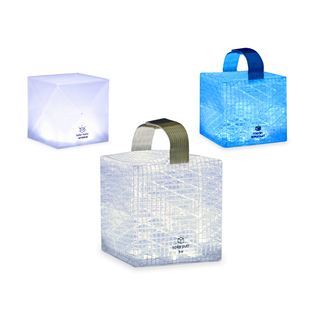 Solar lantern multipack with Helix Hybrid, multicolor SolarPuff, and bright white SolarPuff.