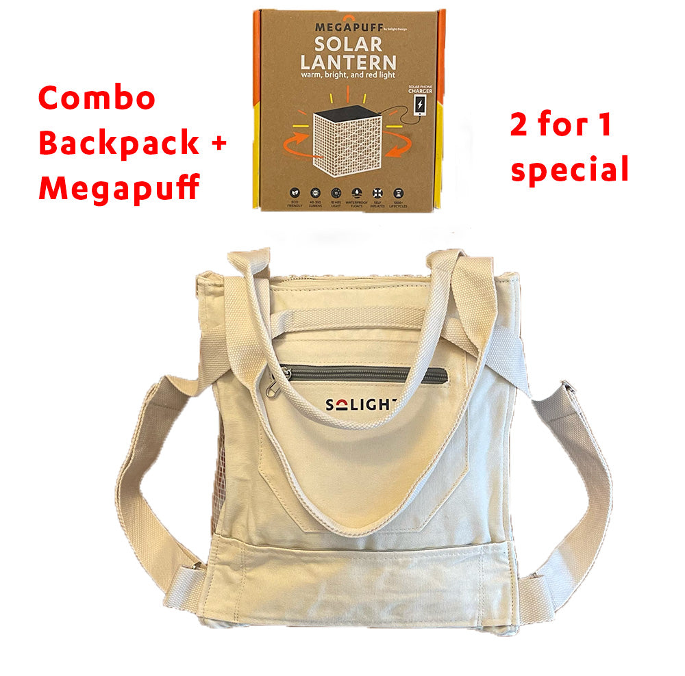 SolaPack backpack combo with backpack and MegaPuff solar light/power bank.