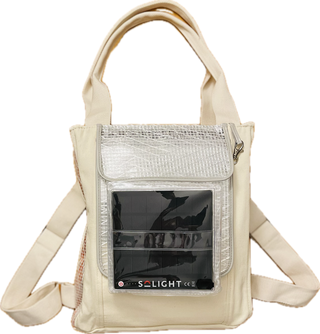 SolaPack backpack with MegaPuff light in front pocket.
