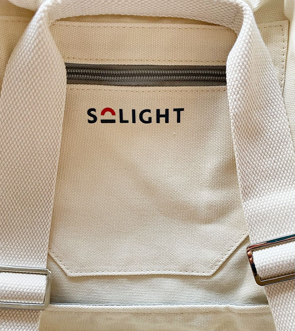 Solight backpack close up showing solight logo.