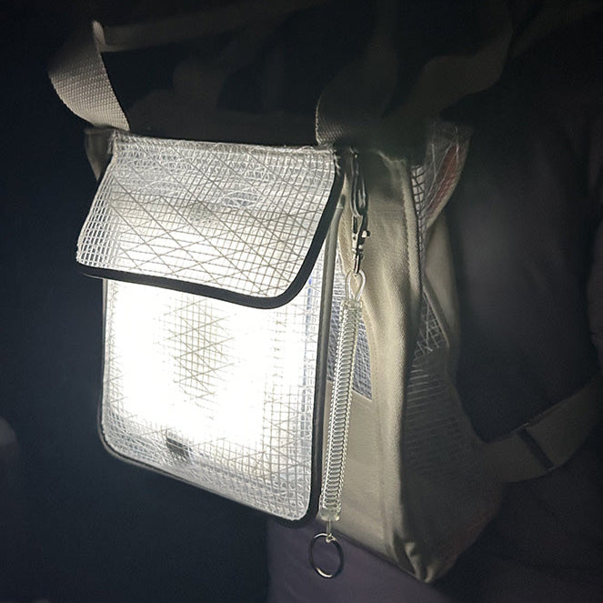 MegaPuff lantern illuminating backpack. Phone charging and power bank.