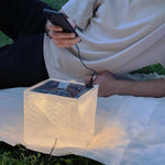 Load image into Gallery viewer, Man charging phone with MEGAPUFF solar lantern on blanket in park
