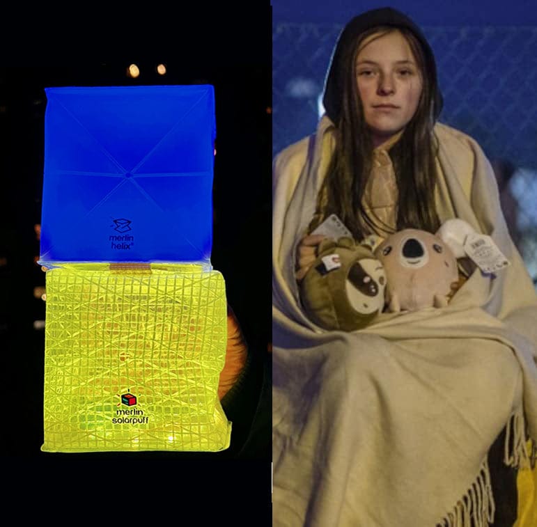 SolarPuff Multicolor and Helix Multicolor make the Ukrainian flag colors. We arre sending our lights to the refugee families that are now homeless as the darkness rises. Hope and light is whaat we give through our Give a Lght program