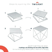 This solar lantern can flat pack by twisting and compressing, open by twisting and expanding. Solar lantern for emergency, it flat packs easily with origami design. just inflate. by pulling the handles to pop into a cube.