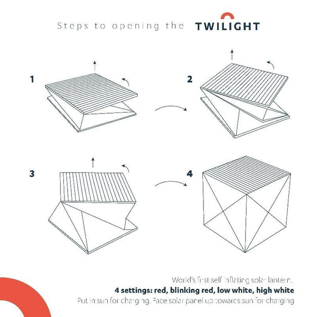 This solar lantern can flat pack by twisting and compressing, open by twisting and expanding. Solar lantern for emergency, it flat packs easily with origami design. just inflate. by pulling the handles to pop into a cube.