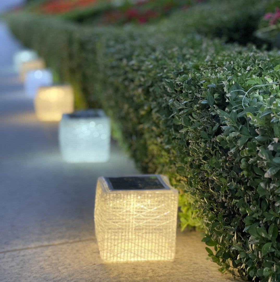 Solar garden Lights will brighten your yard or porch with beautiful ambiance. Here we see the green grass lit up with solar lantern solarpuff and helix.