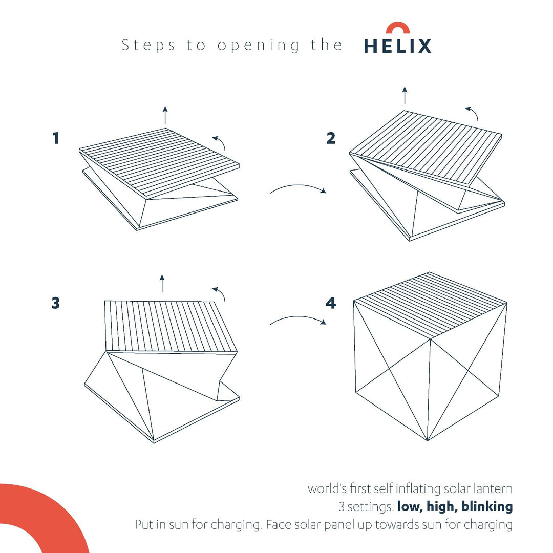 Diagram showing how to open and fold the Helix Hybrid solar lantern
