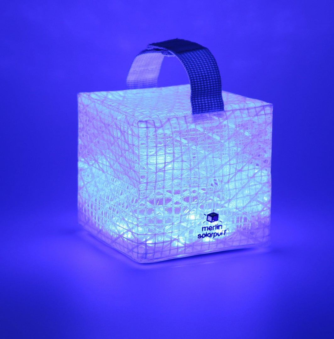 SolarPUFF multicolored lantern shown here in blue is used to fight depression in color therapy treatment. Light your evenings with different colors because the multi colored SolarPuff has an auto rotate button where all colors rotate by themselves!!